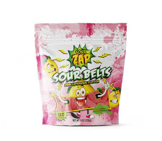 SourZap Sour Belts Pink Lemonade flavor 8 oz gummy candy bag