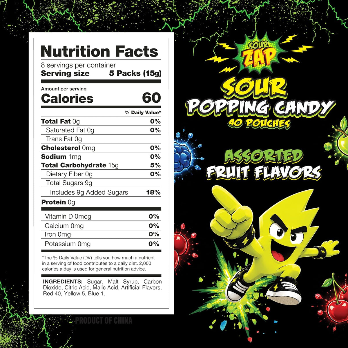 Sour Popping Candy, Halloween Treats, Assorted Fruit Flavors, 40 Count (Pack of 3), 12.6 oz