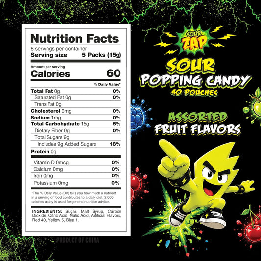 Sour Popping Candy, Halloween Treats, Assorted Fruit Flavors, 40 Count (Pack of 3), 12.6 oz