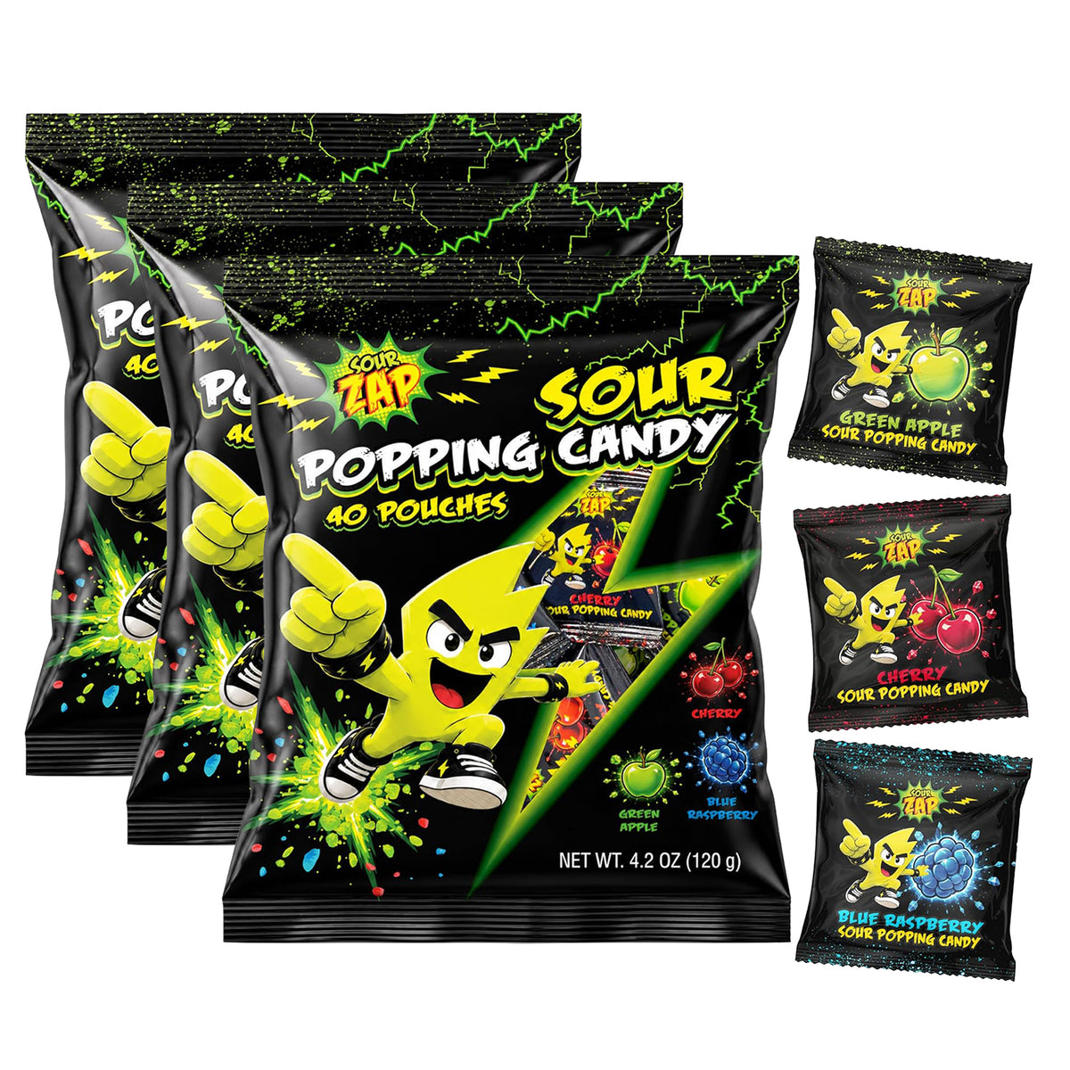 Sour Popping Candy, Halloween Treats, Assorted Fruit Flavors, 40 Count (Pack of 3), 12.6 oz