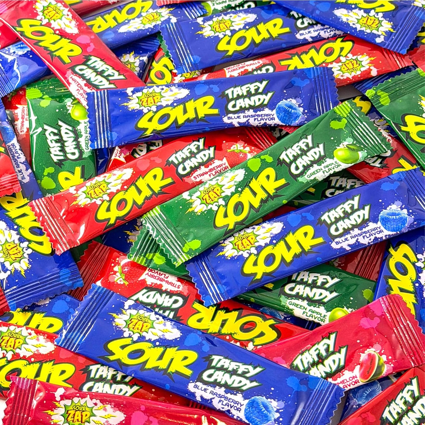 Sour Taffy Candy | 27 Snack Size Bars | Sour Candy Individually Wrapped | Green Apple, Watermelon, Blue Raspberry & Strawberry | Fruit Chews for Goodie Bags & Party Favors