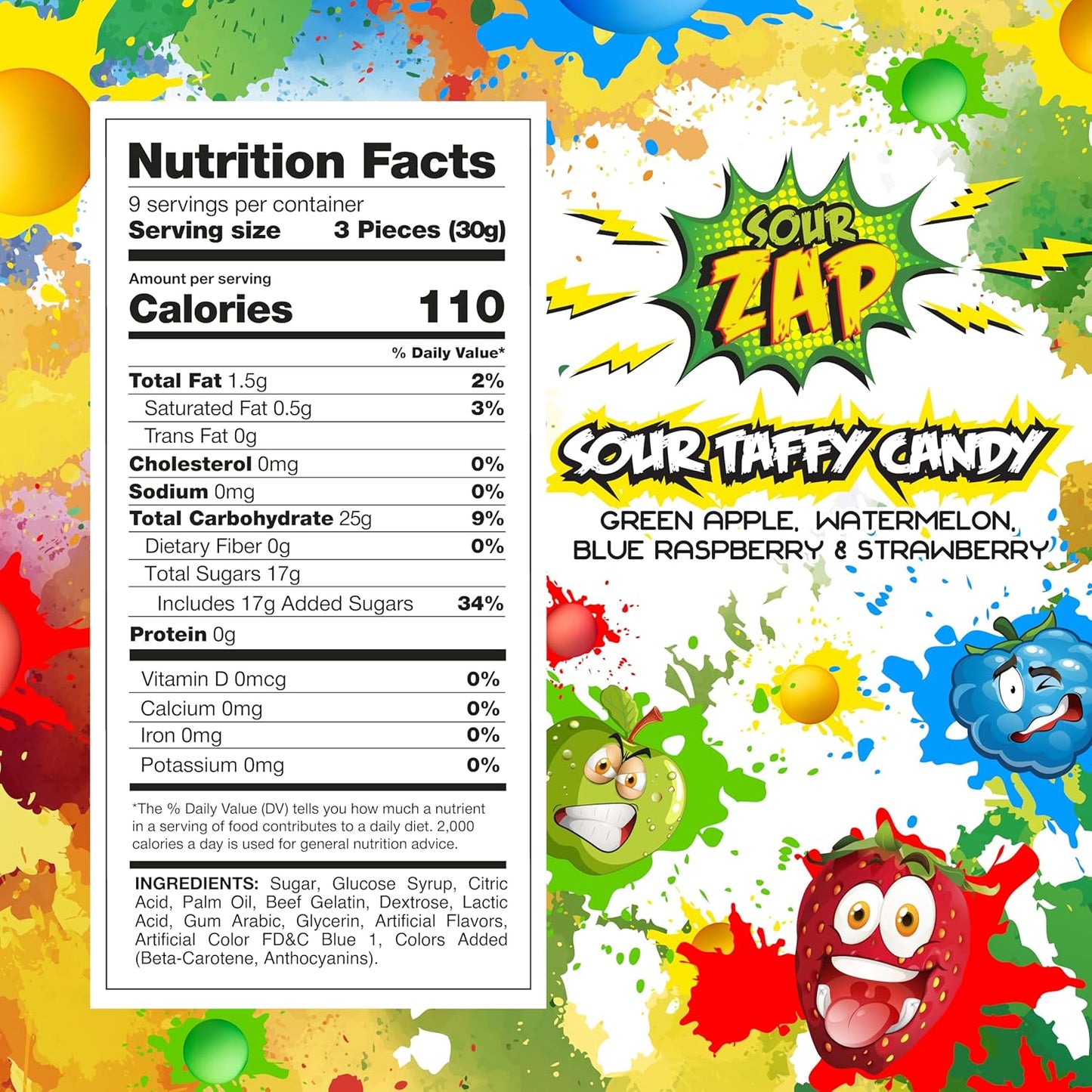 Sour Taffy Candy | 27 Snack Size Bars | Sour Candy Individually Wrapped | Green Apple, Watermelon, Blue Raspberry & Strawberry | Fruit Chews for Goodie Bags & Party Favors