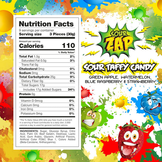 Sour Taffy Candy | 27 Snack Size Bars | Sour Candy Individually Wrapped | Green Apple, Watermelon, Blue Raspberry & Strawberry | Fruit Chews for Goodie Bags & Party Favors