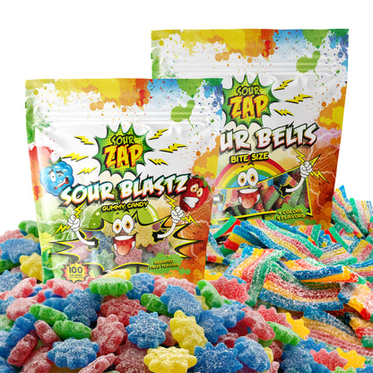 16 Ounces Pack | Sour Blastz, 8-Ounce Bag + Sour Rainbow Belts Bite Size, 8-Ounce Bag