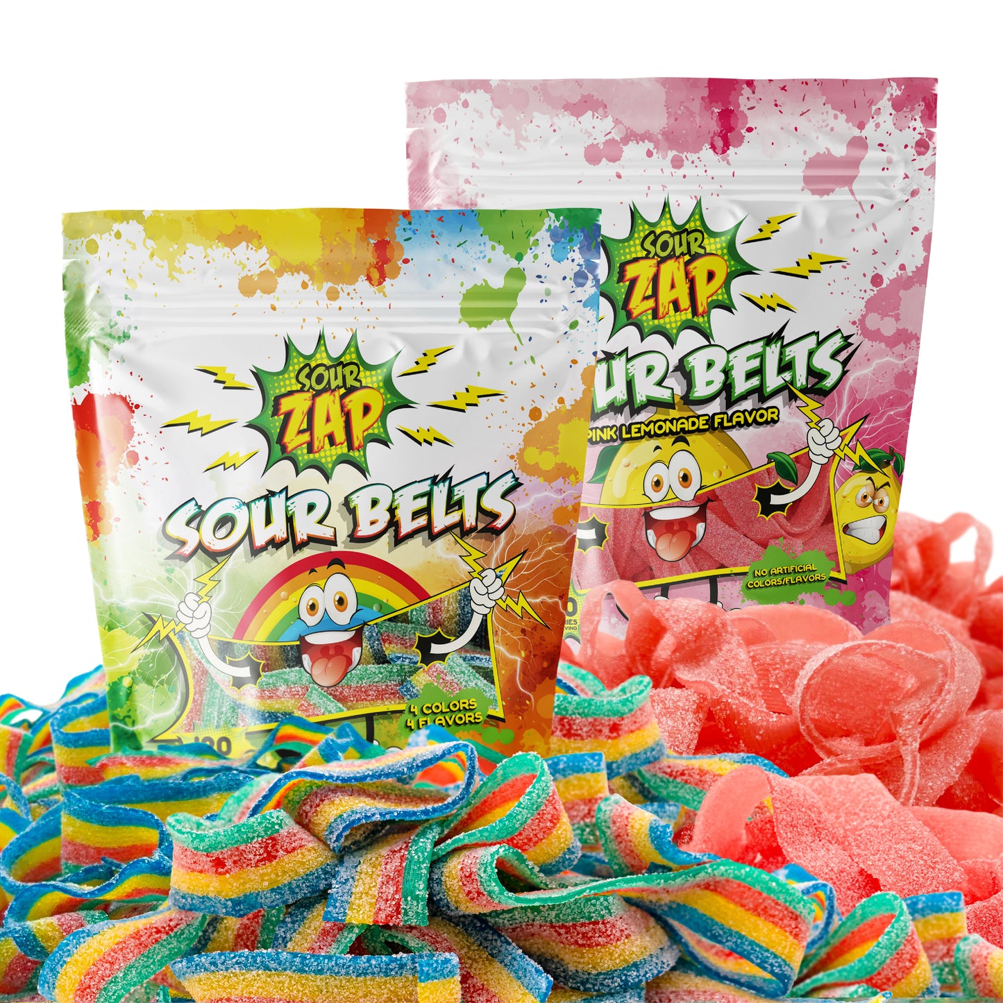 16 Ounces Pack | Pink Lemonade Flavor Sour Belts 8-Ounce Bag + Sour Belts Rainbow Belts 8-Ounce Bag