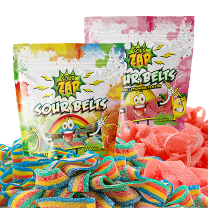 16 Ounces Pack | Pink Lemonade Flavor Sour Belts 8-Ounce Bag + Sour Belts Rainbow Belts 8-Ounce Bag